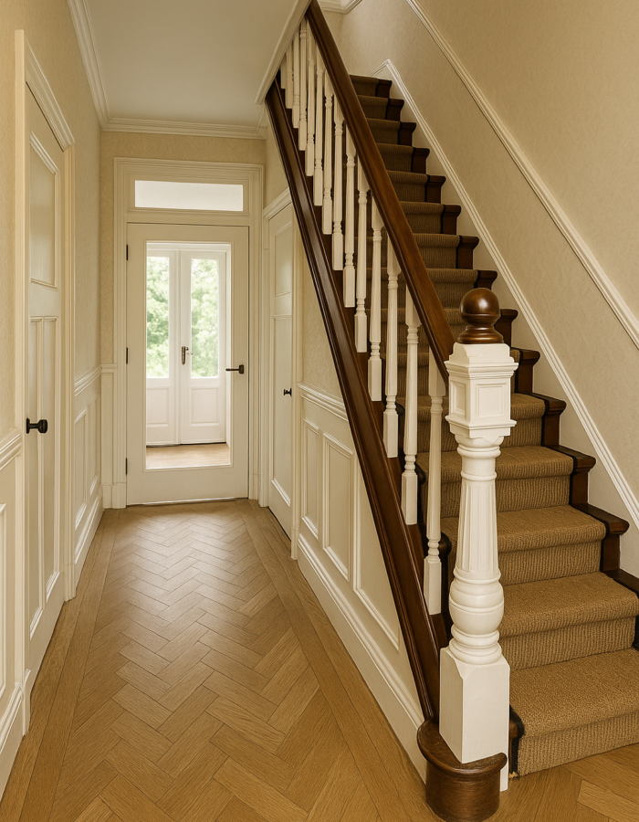 Traprenovatie in een jaren 30 huis met houten trap en klassieke details
